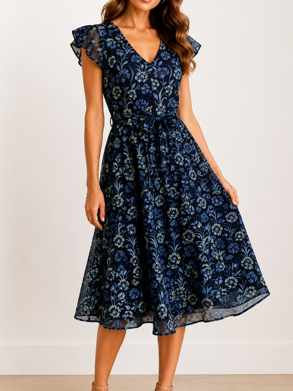 Kensie Navy Floral Embroidered Midi Dress Flutter Sleeve Tie Waist Size 6